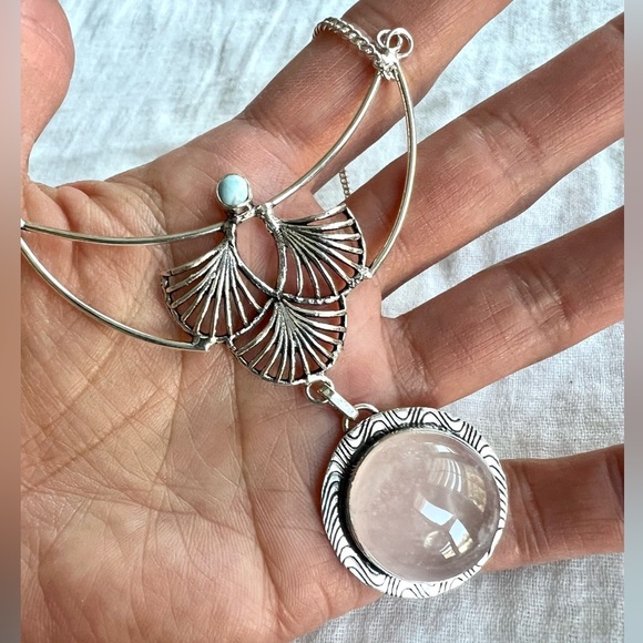 925 ORNATE Rose Quartz + Larimar Necklace Pendant - Picture 10 of 10